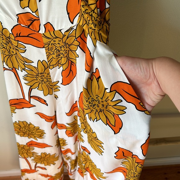 MSK sunflower jumpsuit white gold orange with spaghetti straps and bow Large - Picture 8 of 9
